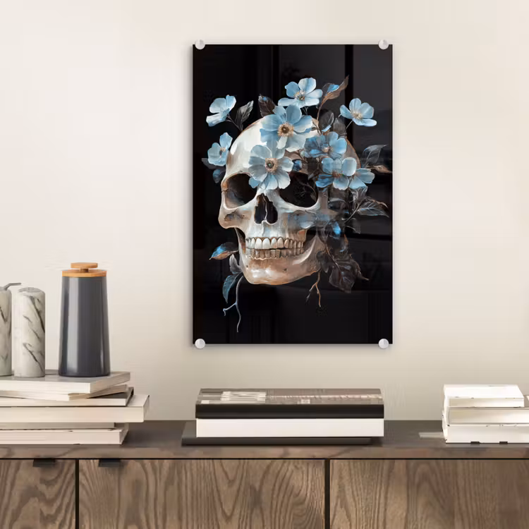 Glas schilderij - Schedel - Blauw - Bloemen - Bladeren — 2