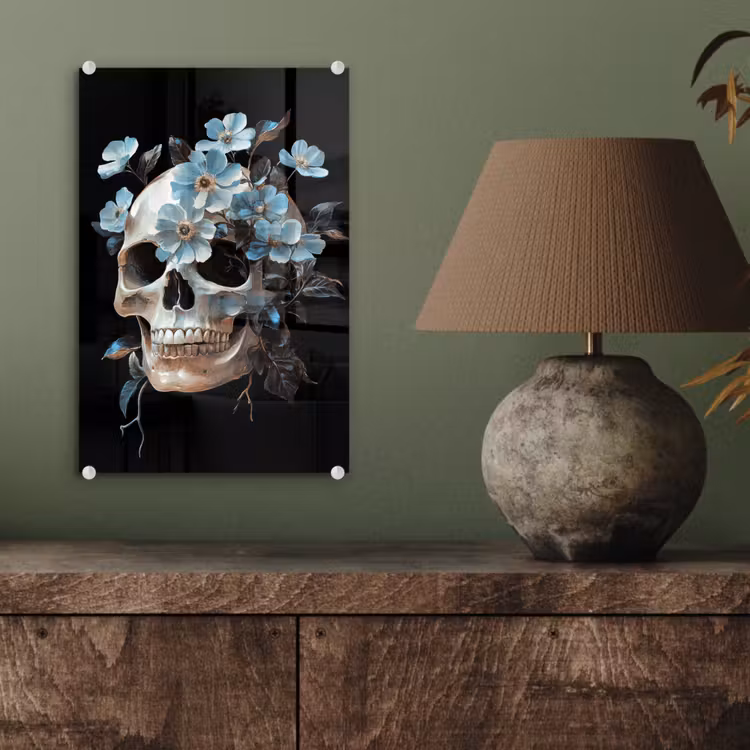 Glas schilderij - Schedel - Blauw - Bloemen - Bladeren — 4