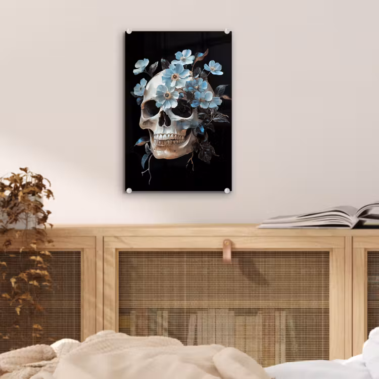 Glas schilderij - Schedel - Blauw - Bloemen - Bladeren — 5