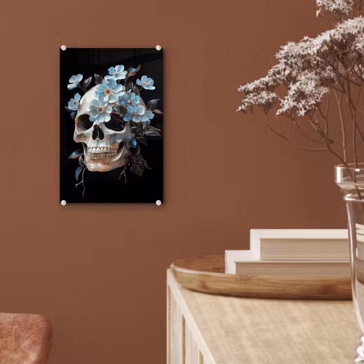 Glas schilderij - Schedel - Blauw - Bloemen - Bladeren — 6