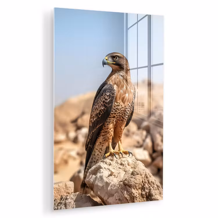Glas schilderij - Valk - Vogel - Rots - Macht — 1
