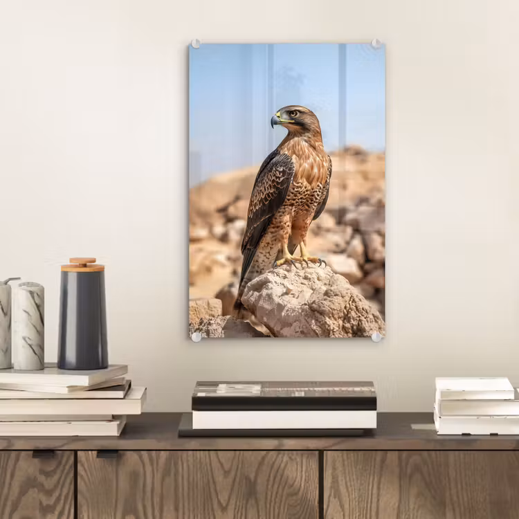 Glas schilderij - Valk - Vogel - Rots - Macht — 2