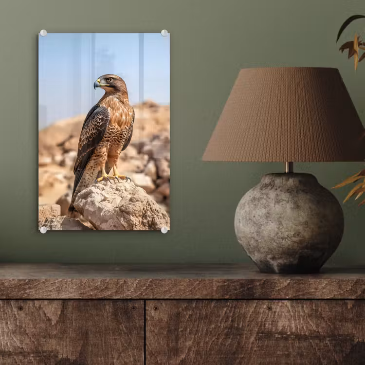 Glas schilderij - Valk - Vogel - Rots - Macht — 4