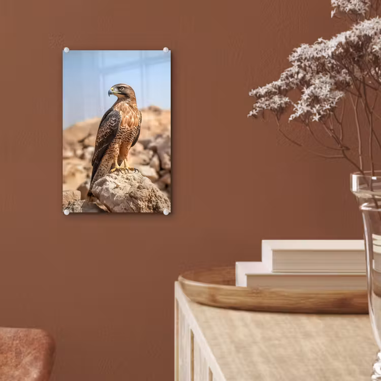 Glas schilderij - Valk - Vogel - Rots - Macht — 6