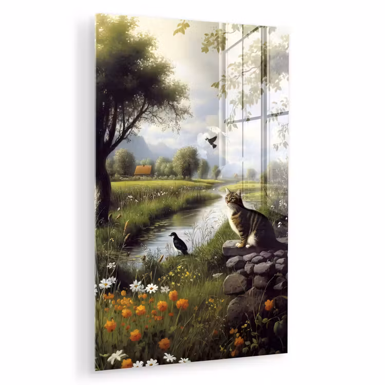 Glas schilderij - Kat - Beekje - Weide — 1