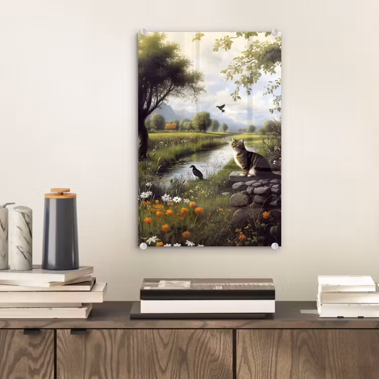 Glas schilderij - Kat - Beekje - Weide — 2