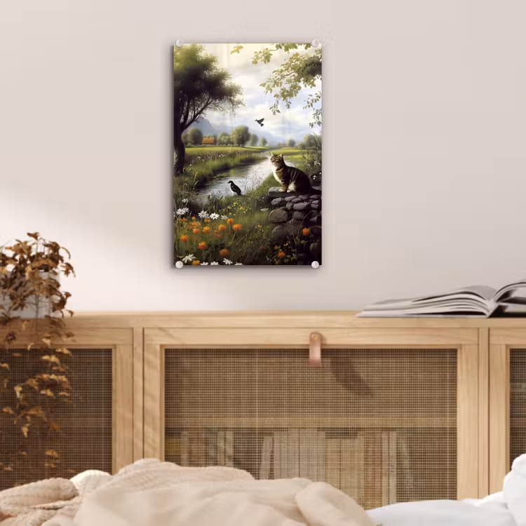 Glas schilderij - Kat - Beekje - Weide — 5