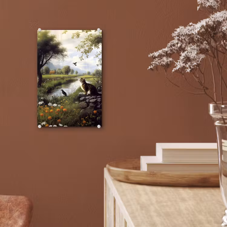 Glas schilderij - Kat - Beekje - Weide — 6