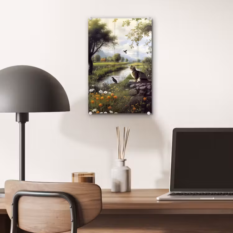 Glas schilderij - Kat - Beekje - Weide — 7
