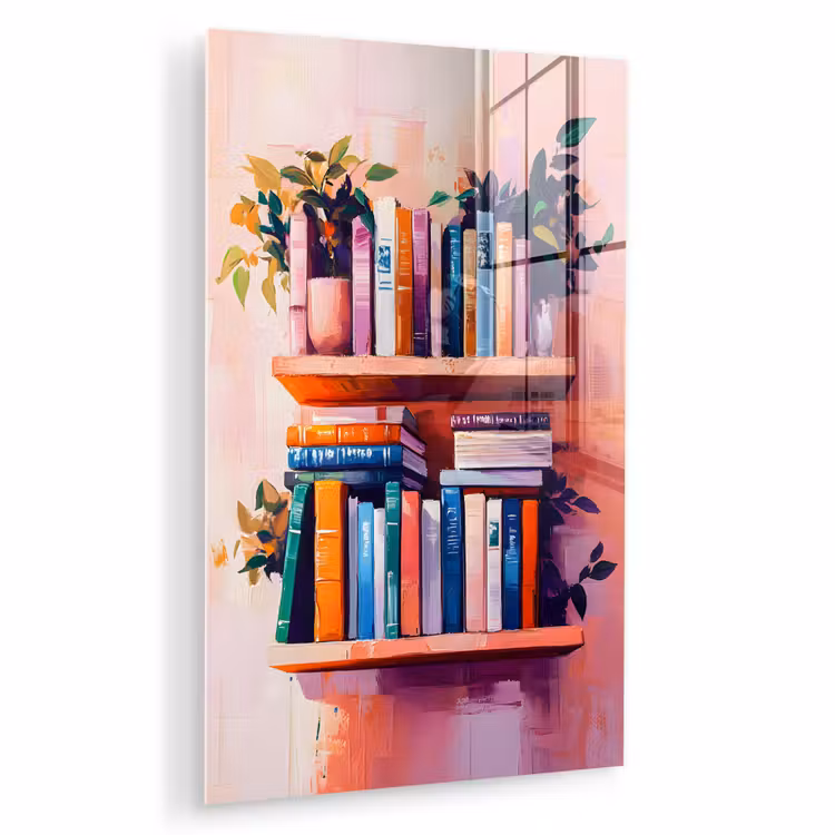 Glas schilderij - Planken - Boeken - Bladeren — 1