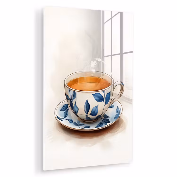 Glas schilderij - Theekop - Bladeren - Blauw — 1