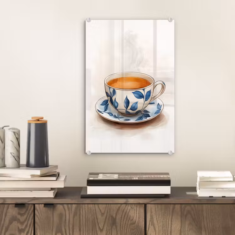 Glas schilderij - Theekop - Bladeren - Blauw — 2