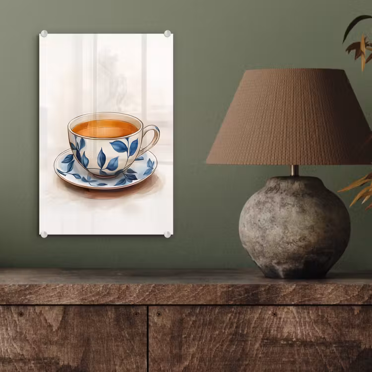 Glas schilderij - Theekop - Bladeren - Blauw — 4