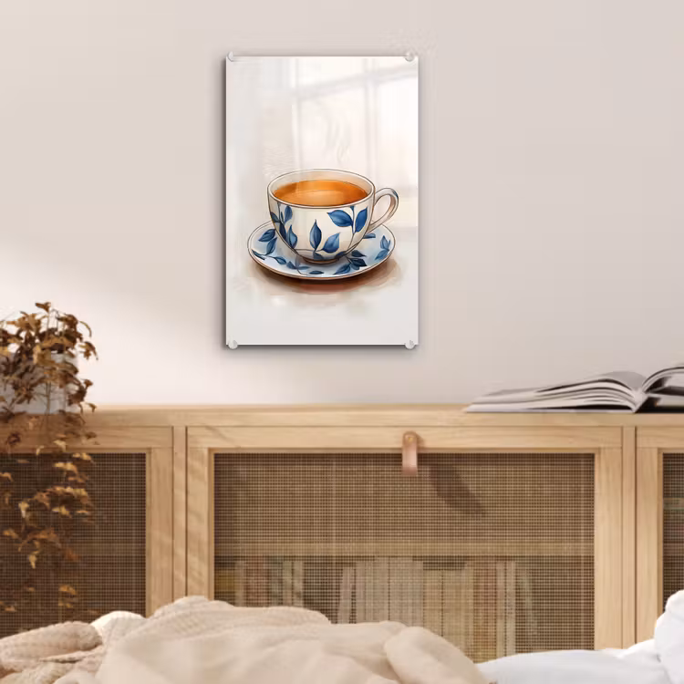 Glas schilderij - Theekop - Bladeren - Blauw — 5