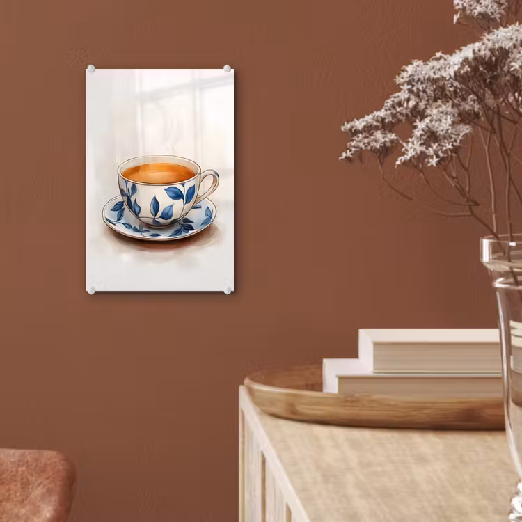 Glas schilderij - Theekop - Bladeren - Blauw — 6