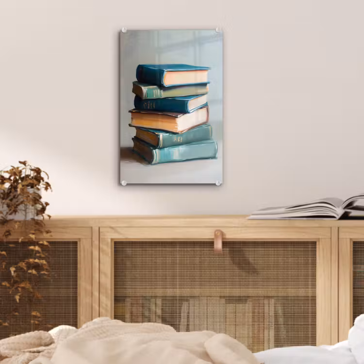 Glas schilderij - Stapel - Boeken - Groen - Daglicht — 5