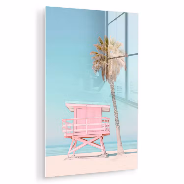 Glas schilderij - Palmboom - Strandhuis - Roze — 1