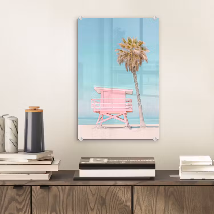 Glas schilderij - Palmboom - Strandhuis - Roze — 2