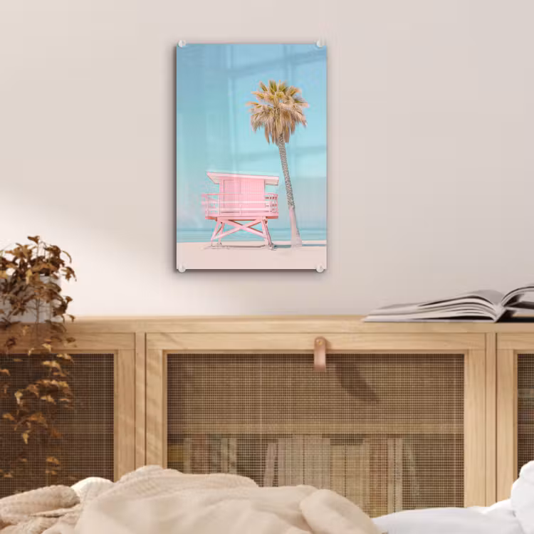 Glas schilderij - Palmboom - Strandhuis - Roze — 5