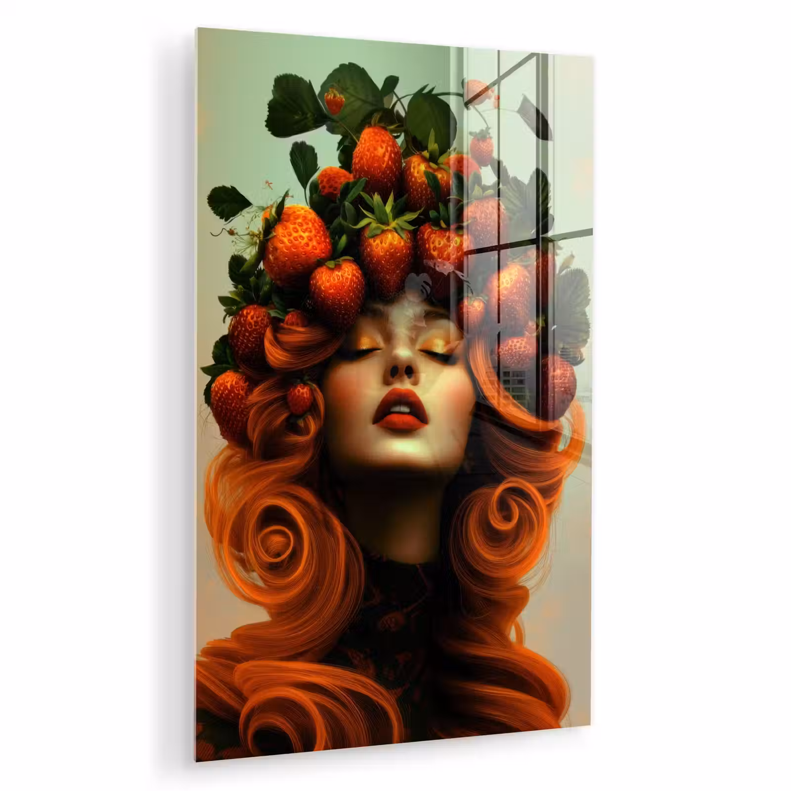 Glas schilderij - Vrouw - Aardbeien - Kroon — 1