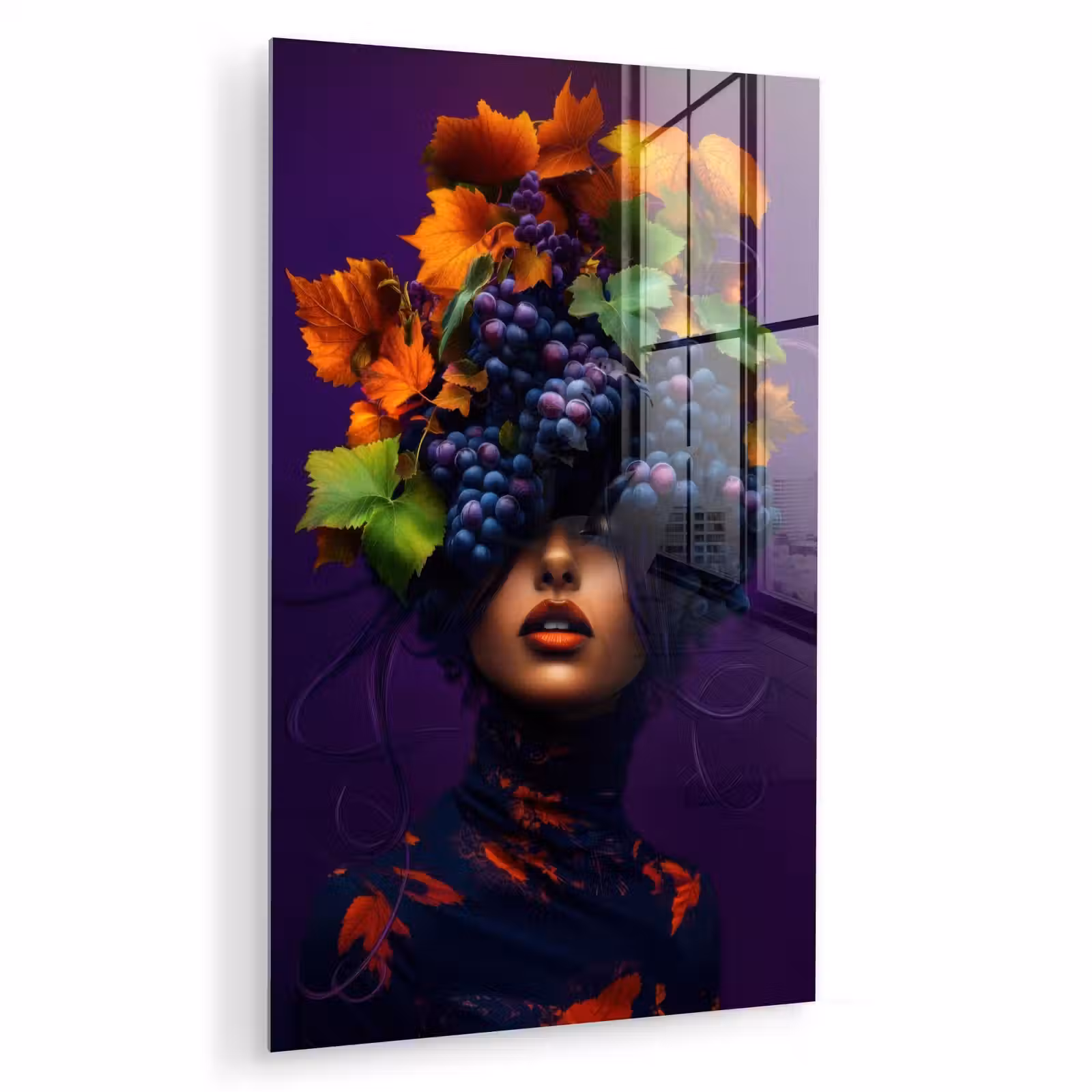 Glas schilderij - Vrouw - Paars - Druiven — 1