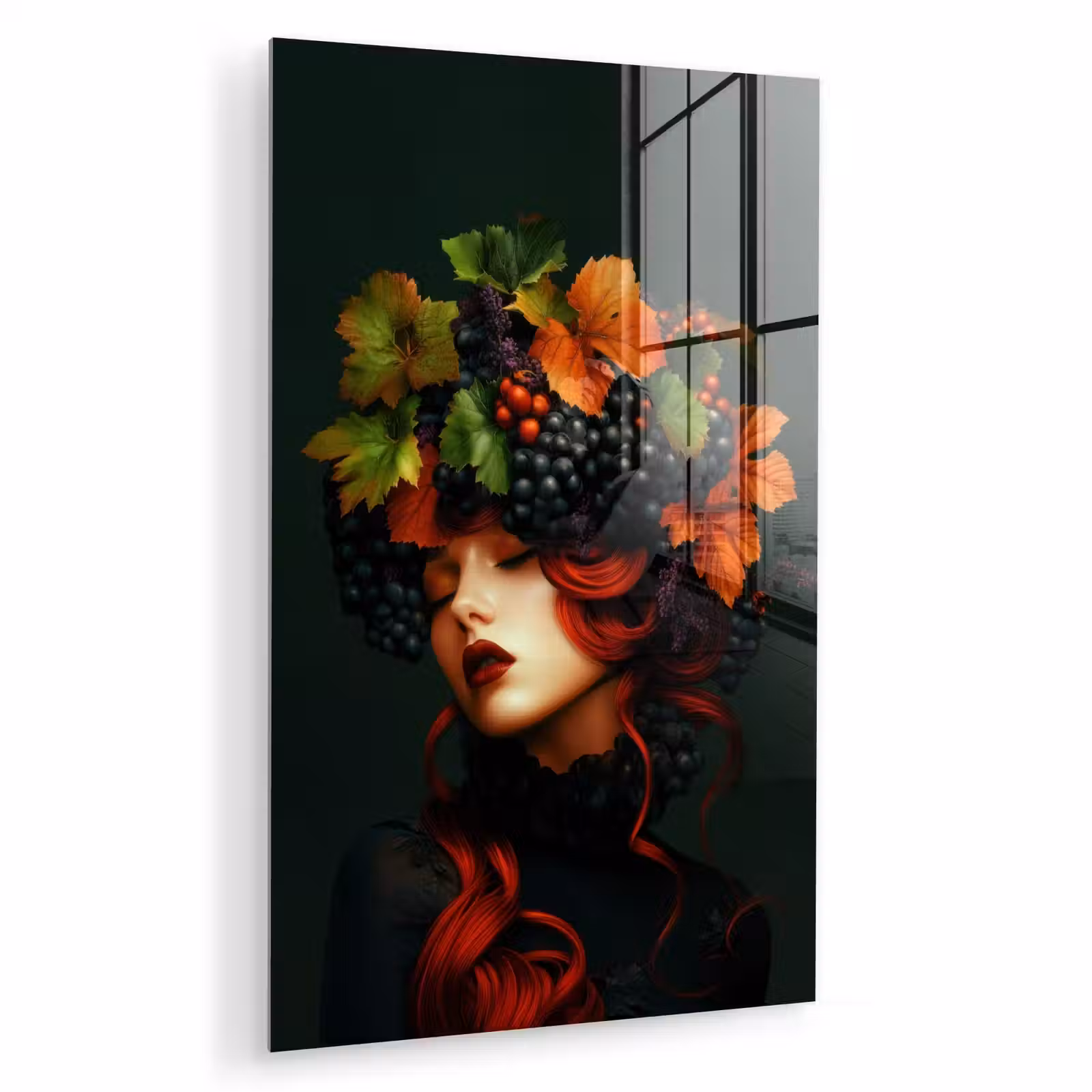 Glas schilderij - Vrouw - Rood - Groen - Druiven — 1