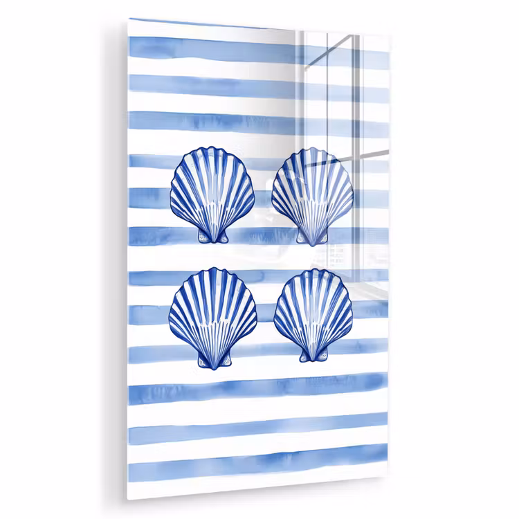 Glas schilderij - Vier schelpen - Blauw - Wit - Strepen — 1