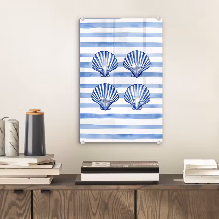 Glas schilderij - Vier schelpen - Blauw - Wit - Strepen — 2