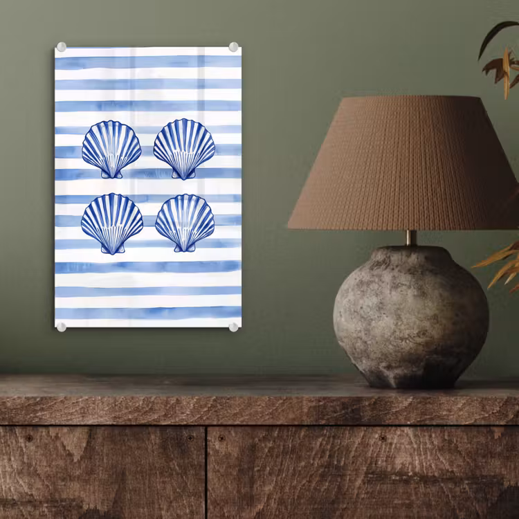 Glas schilderij - Vier schelpen - Blauw - Wit - Strepen — 4