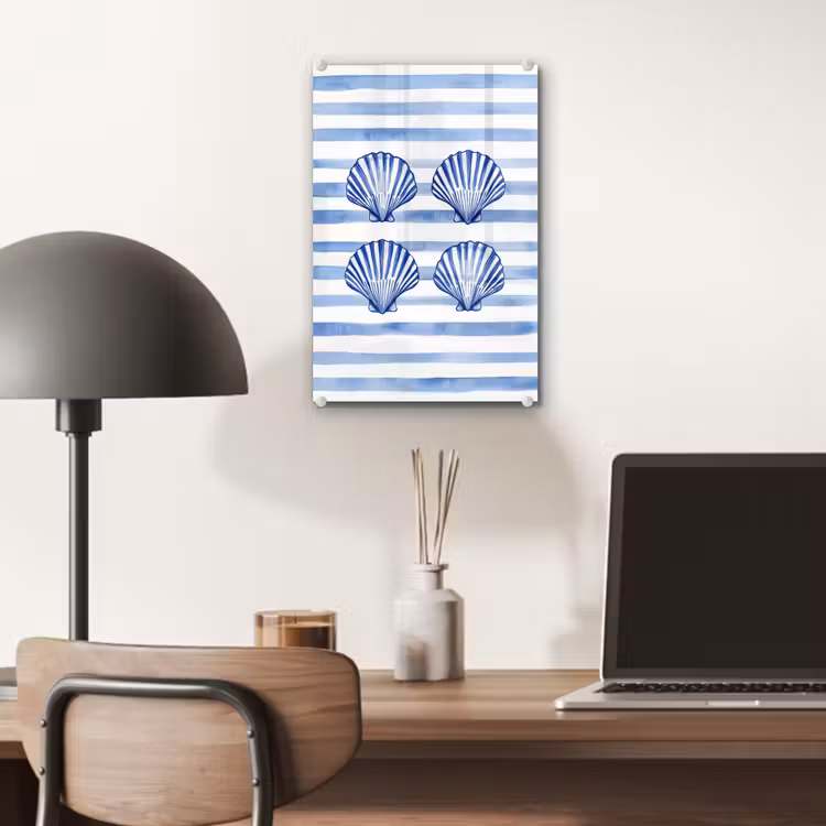 Glas schilderij - Vier schelpen - Blauw - Wit - Strepen — 7