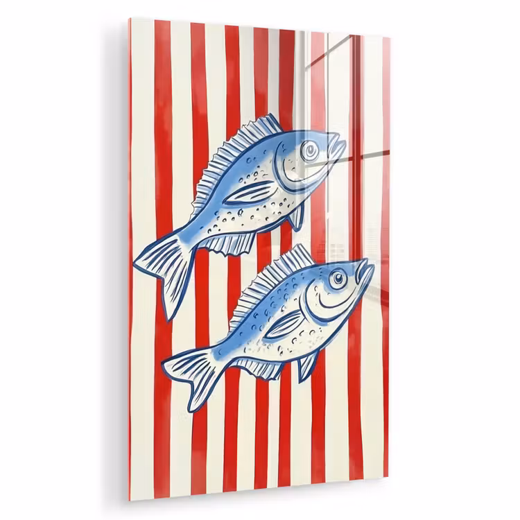 Glas schilderij - Vissen - Verticale strepen - Blauw - Rood — 1