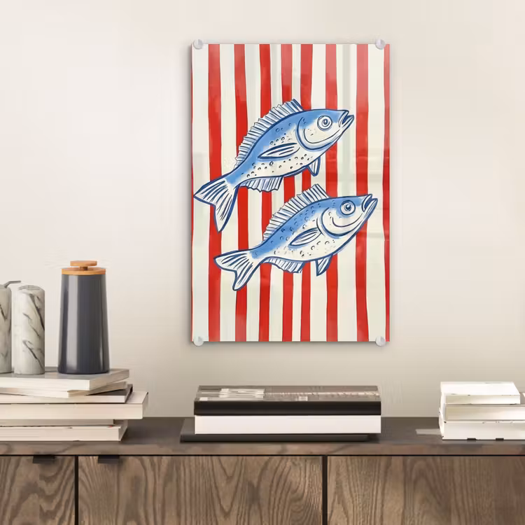 Glas schilderij - Vissen - Verticale strepen - Blauw - Rood — 2