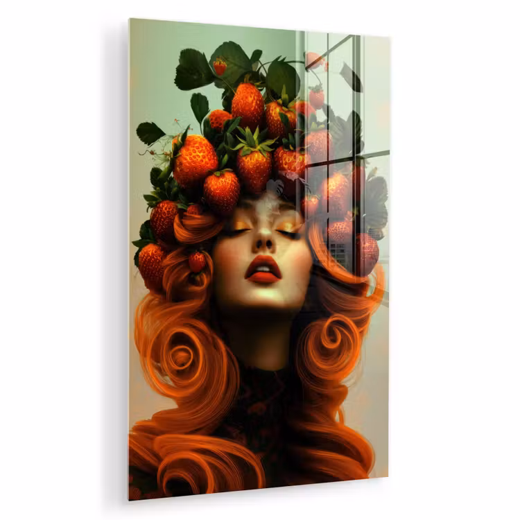 Glas schilderij - Vrouw - Aardbeien - Kroon — 1