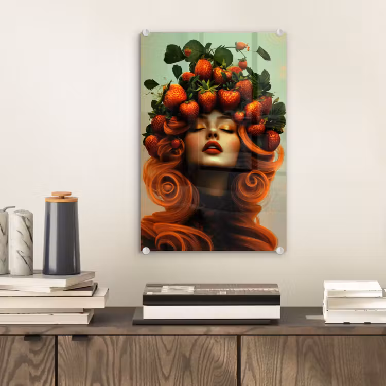 Glas schilderij - Vrouw - Aardbeien - Kroon — 2