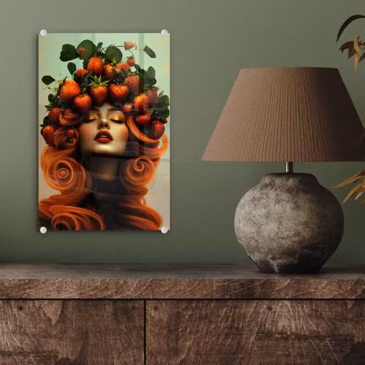 Glas schilderij - Vrouw - Aardbeien - Kroon — 4