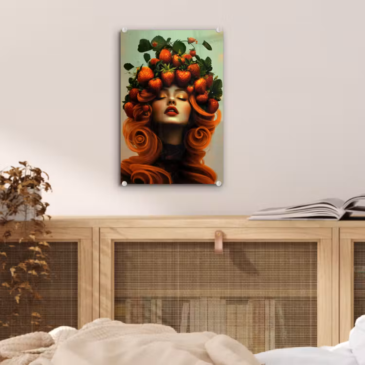 Glas schilderij - Vrouw - Aardbeien - Kroon — 5