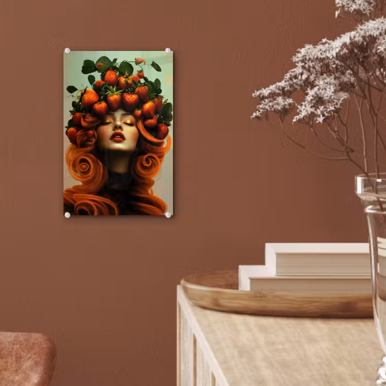 Glas schilderij - Vrouw - Aardbeien - Kroon — 6