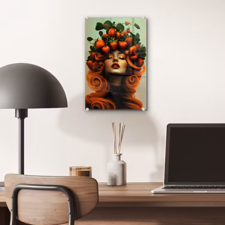 Glas schilderij - Vrouw - Aardbeien - Kroon — 7