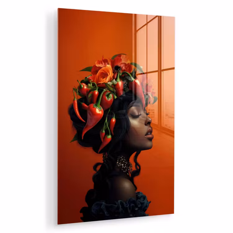 Glas schilderij - Vrouw - Chilipepers - Pepers - Bloemen — 1