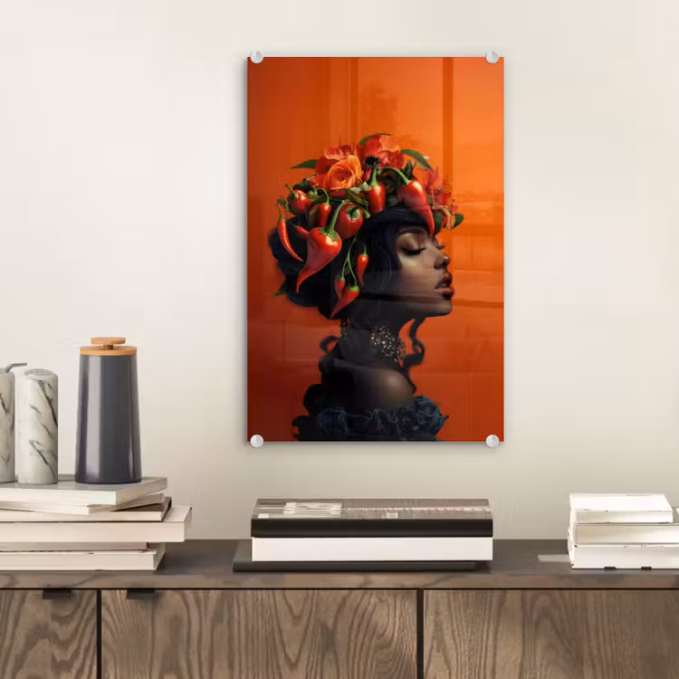 Glas schilderij - Vrouw - Chilipepers - Pepers - Bloemen — 2