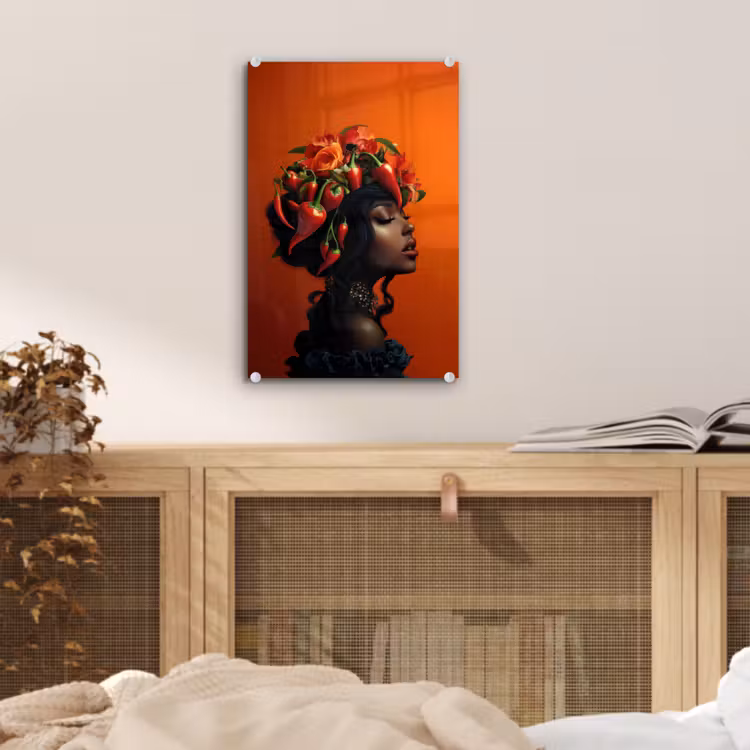Glas schilderij - Vrouw - Chilipepers - Pepers - Bloemen — 5