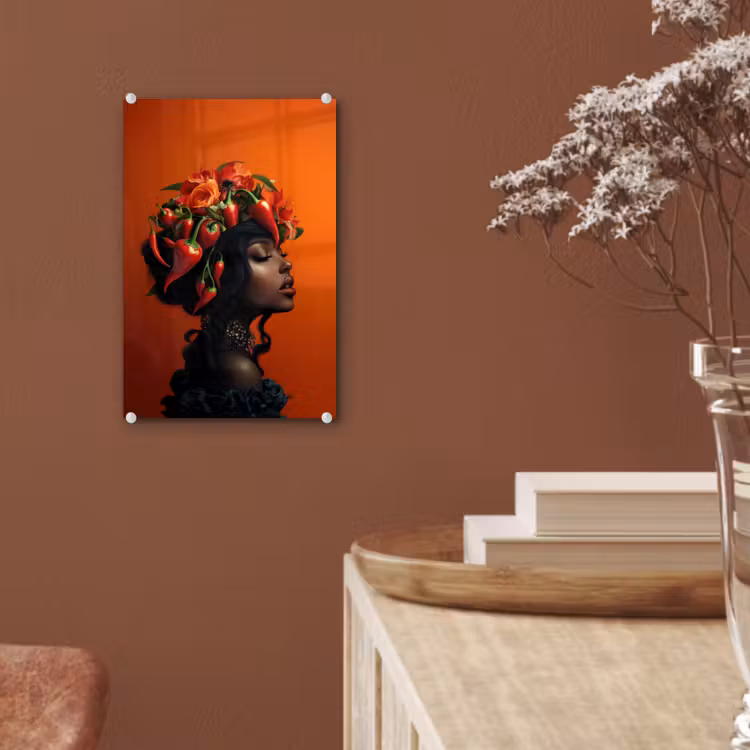 Glas schilderij - Vrouw - Chilipepers - Pepers - Bloemen — 6