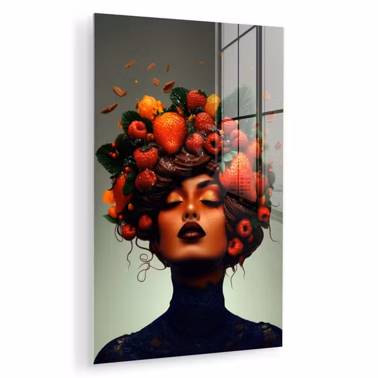 Glas schilderij - Vrouw - Chocolade - Frambozen - Aardbeien - Koekjes — 1