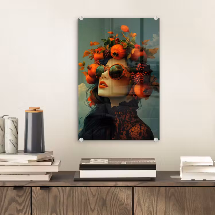 Glas schilderij - Vrouw - Granaatappel - Herfst - Zonnebril — 2