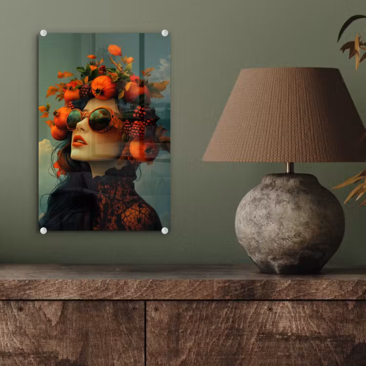 Glas schilderij - Vrouw - Granaatappel - Herfst - Zonnebril — 4
