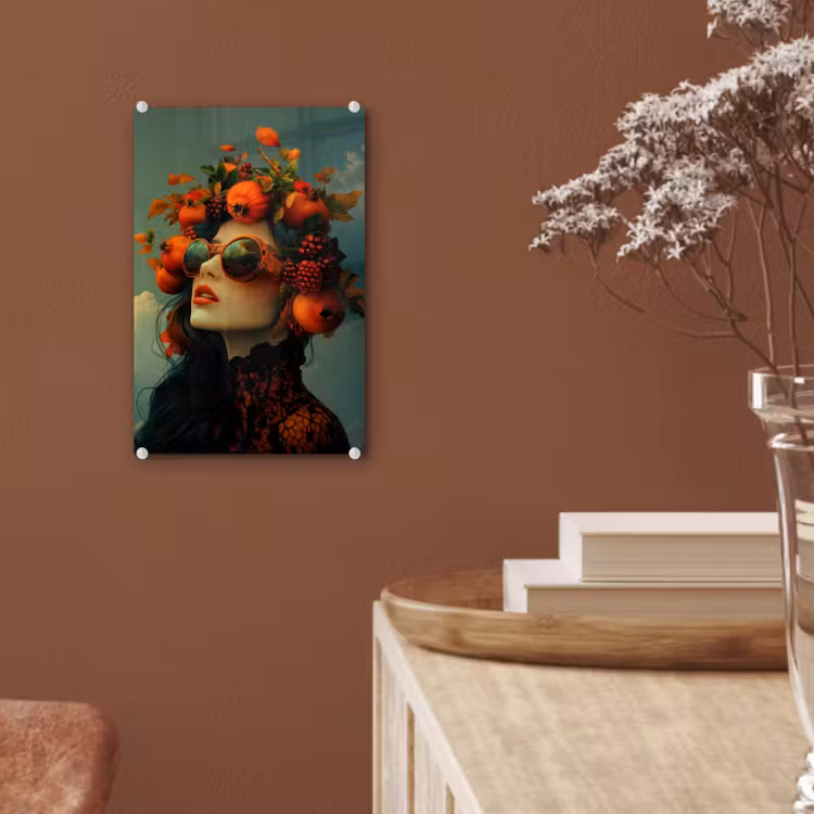 Glas schilderij - Vrouw - Granaatappel - Herfst - Zonnebril — 6