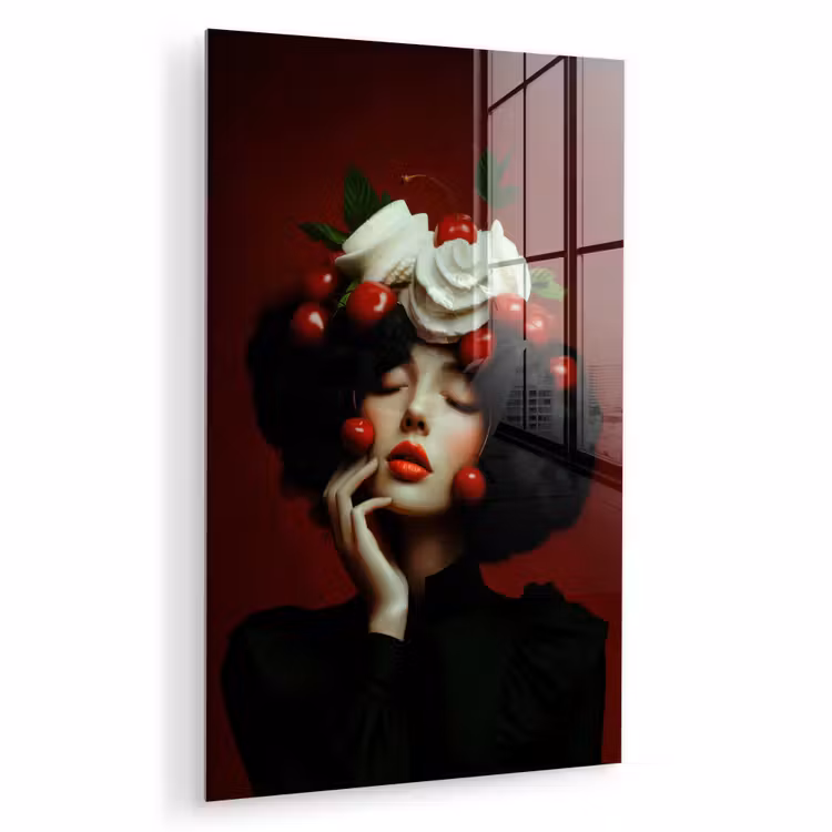Glas schilderij - Vrouw - Kersen - Slagroom — 1