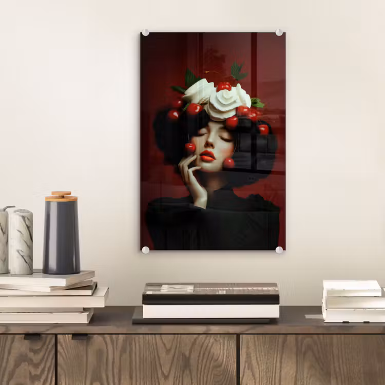 Glas schilderij - Vrouw - Kersen - Slagroom — 2