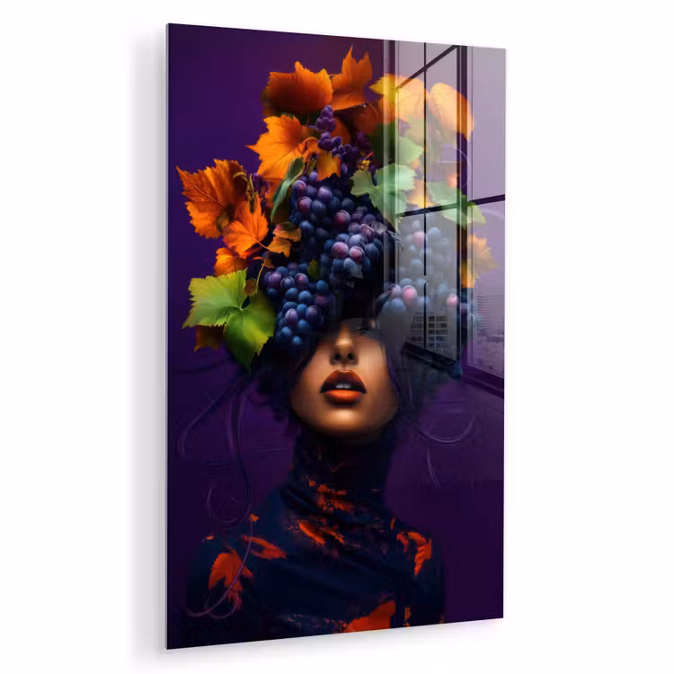 Glas schilderij - Vrouw - Paars - Druiven — 1