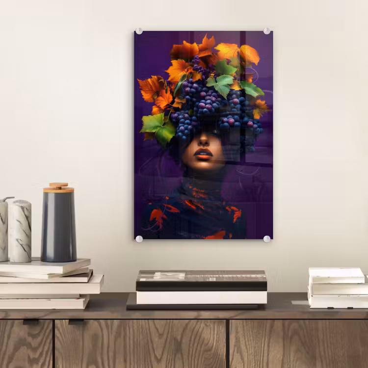 Glas schilderij - Vrouw - Paars - Druiven — 2